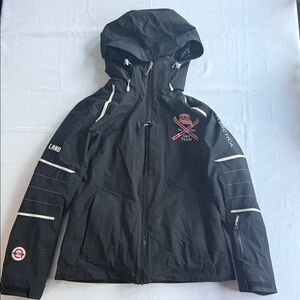 Women’s Arctica Black Hooded Jacket with Red and White Accents.